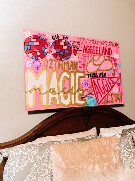 Canvas Painting For Mens Room, Tamu Canvas Painting, College Painted Canvas, Texas Tech Preppy Painting, Preppy Artwork Ideas, College Dorm Canvas Art, Preppy Name Painting, Texas A&m Painting, Yee Haw Painting