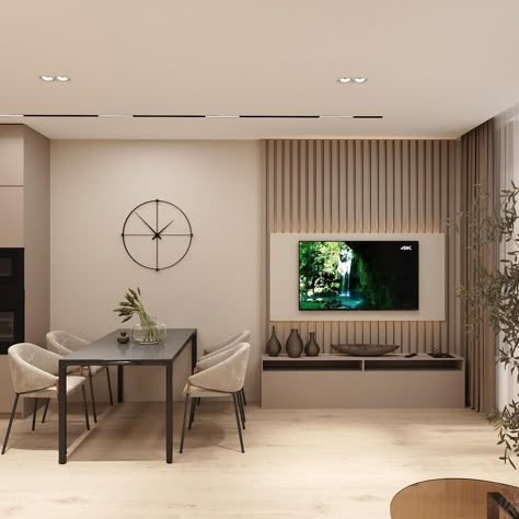 Dining Table Tv Wall, Living Room Tv Wall With Study Table, Tv Above Dining Table, Tv Wall With Dressing Table, Hotel Tv Wall, Kitchen With Tv, Apartment Dining Room, Dining Interior, Condo Living Room