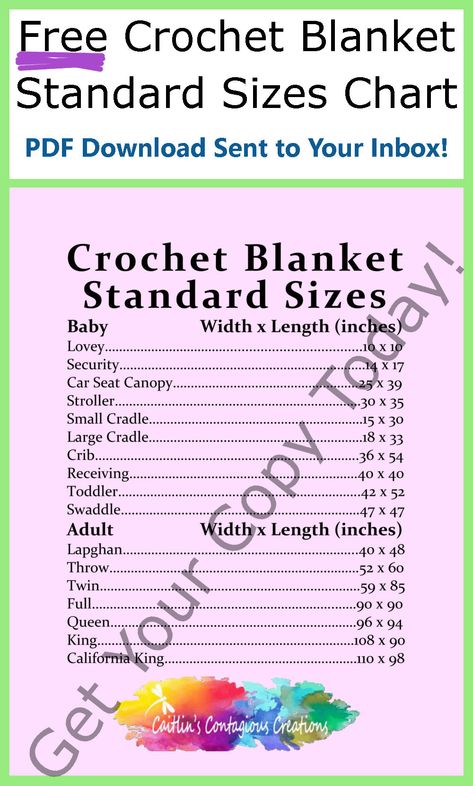 Free Crochet Blanket Standard Size Quick Guide in a printable PDF format. Great cheat sheet for crocheters of all skill levels! Includes standard sizes for baby, child, and adult sized blankets. #FreeCrochet Yarn Chart, Crochet Reference, Quick Crochet Blanket, Crochet Blanket Sizes, Crochet Bed, Chunky Blankets, Crochet Stitches Guide, Reference Chart, Quick Stitch