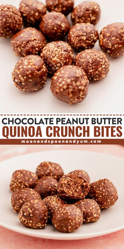 Irresistible chocolate peanut butter quinoa crunch bites packed with nutrient-dense ingredients. Perfect for a healthy snack or dessert! Quinoa Power Balls, Walnut Energy Balls, Quinoa Balls Recipes, Quinoa Protein Balls, Cooked Quinoa Recipes Desserts, Quinoa Dessert Recipes Healthy, Healthy Dessert Bites, Puff Quinoa Recipes, Quinoa Energy Balls