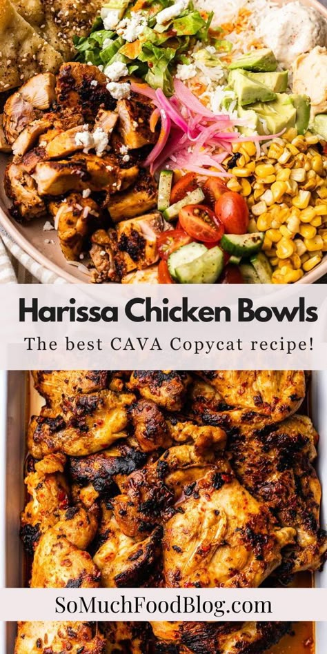 These Harissa Chicken Bowls are inspired by the popular bowl at CAVA! Loaded with tender harissa-marinated chicken, steamed rice, veggies, and drizzled with a tangy harissa vinaigrette. Cava Greek Bowl, Cava Harrisa Chicken, Cava Lemon Chicken Bowl Copycat, Honey Harissa Chicken Bowl, Cava Chicken Marinade, Harissa Avocado Bowl Cava, Cava At Home Recipes, Honey Harrisa Chicken Recipe, Vegan Cava Bowl