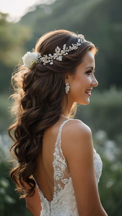 Discover the latest trends in bridal hairstyles for straight long short and curly hair including bangs veils messy crown and easy medium length styles From elegant updos to simple braided looks find the perfect 'do for your special day Long Bridal Hair With Headband, Small Tiara Wedding Bridal Hair, Wedding Hair Styles For Medium Length, Elven Bridal Hair, Bridal Hairstyles Front View, Bridal Hair Down Medium Length, Bridal Hair With Crown, Bride With Bangs, Whimsical Bridal Hair