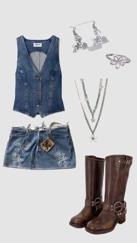 music festival outfit inspo; boston calling outfit inspo; denim on denim; denim vest; denim skirt; cowboy boots; country outfit #musicfestival #cowboyboots #cowboyaesthetic #jeansoutfit #denimskirt Denim Skirt Cowboy Boots, Skirt Cowboy Boots, Boston Calling, Festival Outfit Inspo, Boots Country, Country Outfit, Vest Denim, Cowboy Aesthetic, Denim On Denim