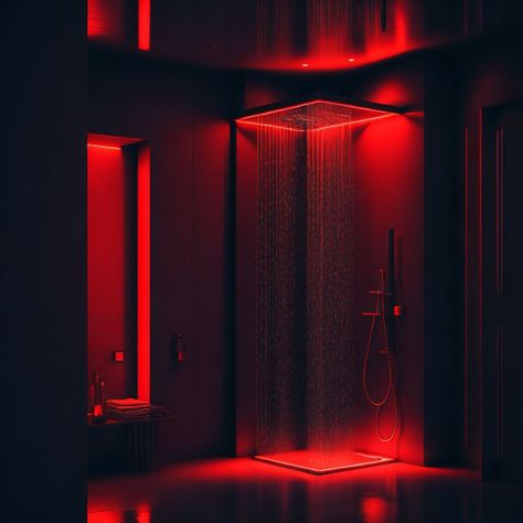 architecture homedecor dream fyp aesthetic luxury minimalist modern modernhome interiordesign Bathroom Red Lights, Red Light Bathroom, Led Lights Shower Bathroom, Red Led Room Aesthetic, Red Led Room, Red House Aesthetic, Dark Red Bathroom, Cyberpunk House Interior, Red Light Room