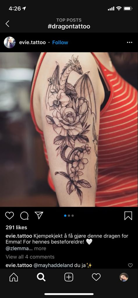 Dragon Forearm Tattoo Women Wrap, Dragon And Floral Tattoo, Dragon Arm Sleeve Tattoo Women, Feminine Dragon Tattoo For Women Arm, Pretty Dragon Tattoo, Woman Dragon Arm Tattoo, Floral Dragon Tattoo Sleeve, Fantasy Tattoo Sleeve, Dragon Floral Tattoo