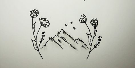 Mountain and wildflower tattoo I designed for my friend :) Wildflowers And Mountains Tattoo, Mountain Family Tattoo, Mountain And Flower Tattoo Simple, Mountain Friendship Tattoo, Aesthetic Mountain Tattoo, Wildflower Mountain Tattoo, Best Friend Mountain Tattoos, Mountain With Flowers Tattoo, Sister Mountain Tattoo