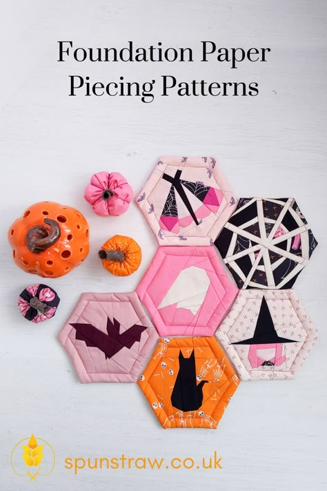 This set of Spooky Foundation paper pieicng patterns are perfect for your Halloween crafts and Halloween home decor. You can use the hexagon patterns to make coasters, and the included 6" square block patterns are perfect to make into some throw pillows. These Halloween FPP patterns are designed to go with the Art Gallery Fabrics Spooky and Sweeter collection of fabrics and would also be perfect for the Sweet and Spookier, and Spooky and Sweet collections. Halloween Paper Piecing Patterns Free, Halloween English Paper Piecing, Spooky Quilt Patterns, Spooky Quilt, Halloween Sewing Crafts, Fpp Patterns, Foundation Paper Piecing Tutorial, Halloween Patchwork, Halloween Fabric Crafts