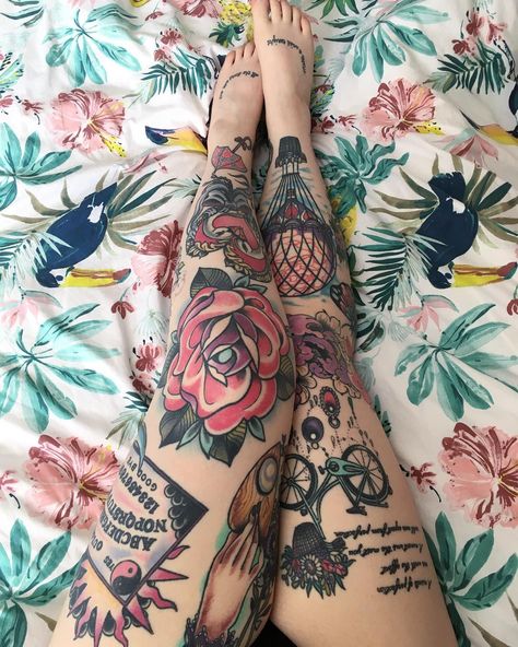 Large Linework Tattoo, Tattooed Mom Aesthetic, Leg Tattoos Color, Colorful Leg Tattoos, Neo Traditional Leg Sleeve, Traditional Tattoo Leg, Traditional Tattoo Leg Sleeve, Tattoo Bein Frau, Tattoo Leg Sleeve