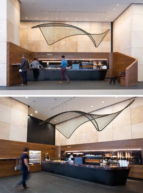 This modern and suspended sculpture in the lobby of an Australian building, was created to reference the traditional Indigenous fishing nets and the history of fishing in the nearby Yarra River. #Sculpture #Art #SuspendedSculpture #Design Fishing Painting, Vaulted Ceiling Ideas, Yarra River, Lobby Ideas, Farmhouse Stools, Dental Office Design Interiors, Lobby Seating, Beach Chair Umbrella, Ceiling Ideas