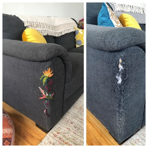 It’s not perfect, but it’s better than buying a new couch! #embroidery #handembroidery #stitch #fix #floral #embroideredflowers #cats #thecats #catscratchersandfurniture #catscratching #claws #furniture #fixingfurniture Cross Stitch Couch Repair, Embroider Couch, Embroidered Furniture Repair, Embroidery Furniture Repair, Embroider Couch Repair, Couch Embroidery Design, Embroidery On Furniture, Embroidery On Couch, Visible Mending Upholstery