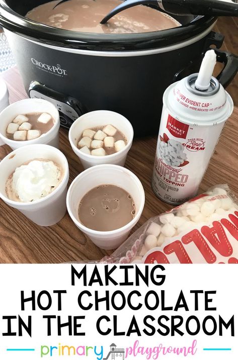 The kids LOVE having special hot chocolate in the classroom. Here's a super easy and yummy crockpot hot chocolate recipe to use in the classroom perfect for a chilly day or polar express day!  #hotchocolate #hotchocolateintheclassroom #polarexpressday #crockpothotchocolate #slowcookerhotchocolate Making Hot Chocolate, Polar Express Christmas Party, Classroom Christmas Party, Hot Chocolate Party, Polar Express Party, Cooking In The Classroom, Crockpot Hot Chocolate, School Christmas Party, Chocolate Recipes Easy