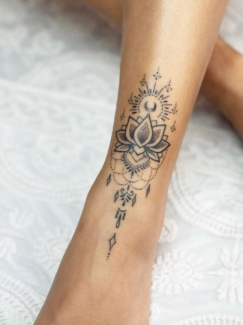 Forearm Mandala Tattoo Women, Ankle Mandala Tattoo, Ornamental Ankle Tattoo, Boho Tattoos For Women, Ankle And Foot Tattoos For Women, Ornamental Foot Tattoo, Mandala Ankle Tattoo, Forearm Mandala Tattoo, Dots Tattoo