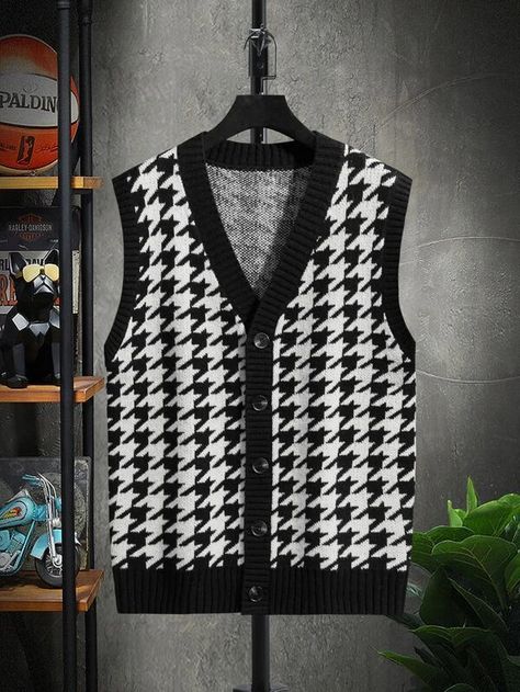 Men Houndstooth Pattern Sleeveless Cardigan | SHEIN ASIA Men Knitwear, Menswear Trends, Sleeveless Cardigan, Houndstooth Pattern, Knitwear Men, Winter 2022, Mens Fashion Trends, Vest Dress, Knitwear