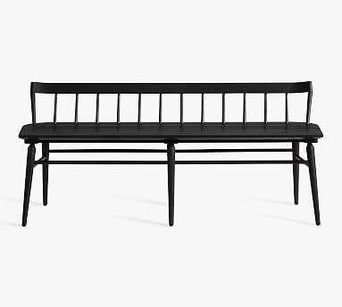 Shay Bench, Black | Pottery Barn Bench In Front Of House, Black Dining Bench, Black Bench, Wood Dining Bench, Vintage Cabin, Leather Bench, Home Decor Outdoor, Accessories Decor, Decor Outdoor