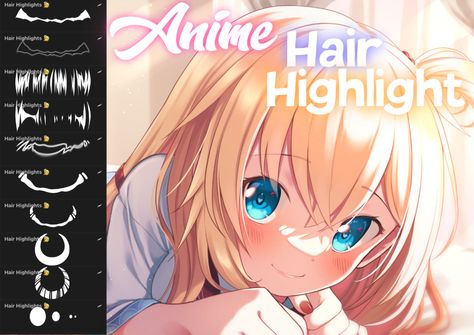 Anime Hair Highlights, Hair In Procreate, Hair Brush Set, Procreate Brushes Free, Highlighter Brush, Cute Anime Profile Pictures, Anime Hair, Free Anime, Anime Eyes