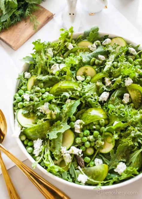 Big Green Salad with Mint Dill Vinaigrette | TheNoshery.com Unique Salads, Oil Salad Dressing, Dill Vinaigrette, Salad With Mint, Vegetable Salads, Pumpkin Oil, English Peas, Vinaigrette Salad, Green Salad Recipes