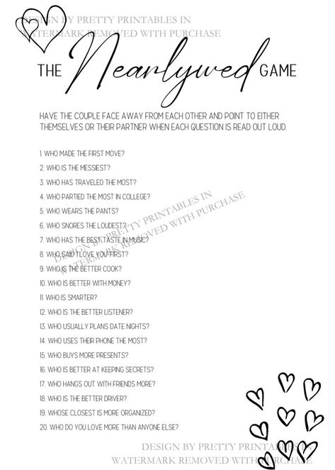 Instant Download Engagement Party Game the Nearlywed Game - Etsy Couple Trivia Questions, Couples Trivia, Newlywed Games, Couples Quiz, Couples Game Night, Couple Shower Games, Engagement Games, Engagement Party Games, Newlywed Game