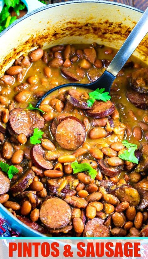 Pintos and Sausage- these beans cook up super creamy and tender, perfectly flavored with sausage in every bite. Southern Pinto Beans Recipe, Pinto Bean Soup, Spicy Southern Kitchen, Pinto Bean Recipes, Beans And Sausage, Kielbasa Recipes, Southern Kitchen, Sausage Soup, Southern Cooking