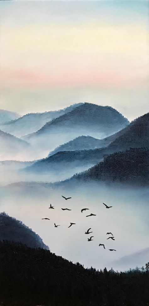 Hills Watercolor Paintings, Hills Acrylic Painting, Mountain Paintings Watercolor, Foggy Lake Painting, Mountains And Water Painting, Mountain Painting Wallpaper, Morning Landscape Painting, Watercolor Misty Mountains, Dark Scenery Painting