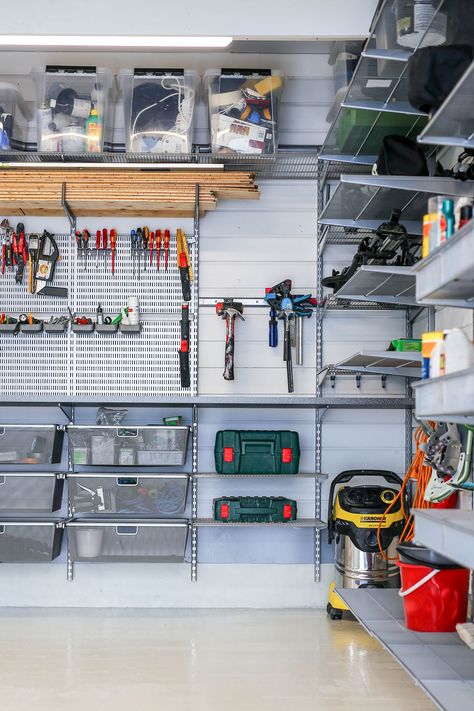 Elfa Garage, Organize Garage, Garage Wall Shelving, Organization Goals, Garage Solutions, Garage Systems, Garage Storage Inspiration, Garage Organization Tips, Garage Organisation