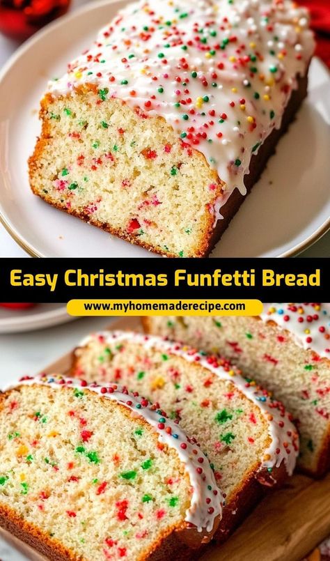 This easy Christmas Funfetti bread is the best bread for holiday celebrations. Festive, sweet, and filled with colorful sprinkles, it’s the ultimate Funfetti bread for Christmas mornings Funfetti Christmas Bread, Holiday Bread Loaf Recipes, Christmas Morning Bake, Funfetti Loaf Cake, Easy Christmas Loaf Cake, Sweet Christmas Bread, Christmas Sweet Bread Recipes, Easy Christmas Bread Recipes, Easy Christmas Bread