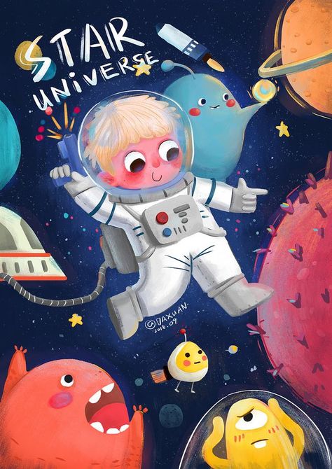 Children’s Illustration Art, Cute Space Illustration, Space Illustration Kids, Ideas For Illustration, Space Illustration Art, Planets Illustration, Astronaut Illustration, Children's Book Characters, Book Illustration Design