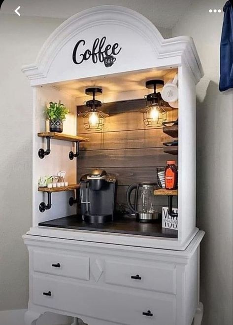 Bar Armoire Ideas, Coffee Bar Armoire Ideas, Coffee Bar Armoire, Small Coffee Bar, Armoire Ideas, Armoire Repurpose, Coffee Bar Design, Drinks Bar, Bar Ideas