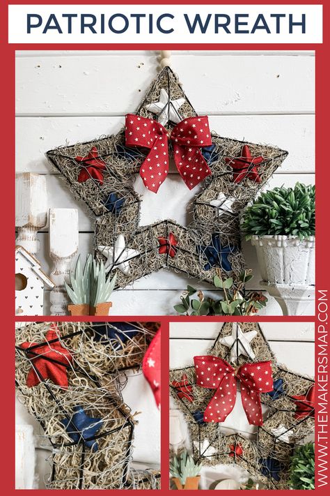 Wreath Frame Ideas, Dollar Tree Star, Dollar Tree Patriotic Crafts, Star Wreath Form, Diy Patriotic Decor, Patriotic Wreath Diy, Patriotic Crafts Diy, Star Wreath, Patriotic Diy