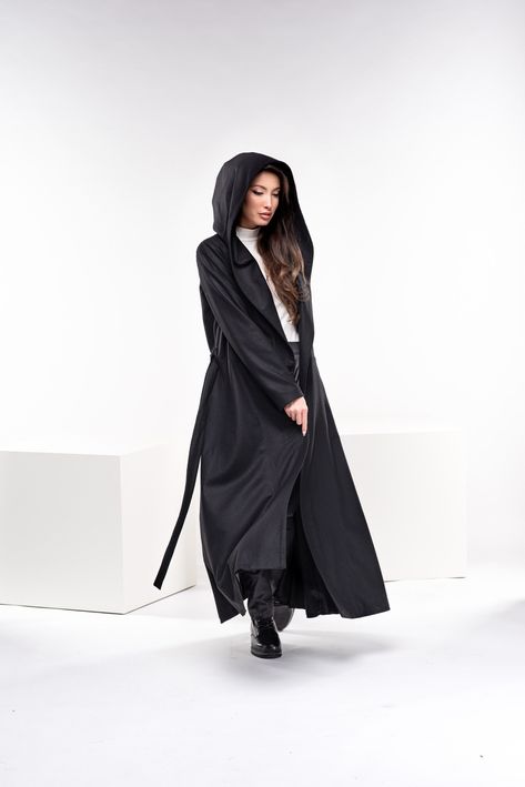 Luxury Elegant Hooded Wool Coat, Luxury Long Coat For Larp, Winter Long Coat With Double-lined Hood, Luxury Gothic Hooded Outerwear, Black Long Coat With Adjustable Hood, Goth Plus Size, Gothic Coat, Hooded Wool Coat, Hooded Winter Coat