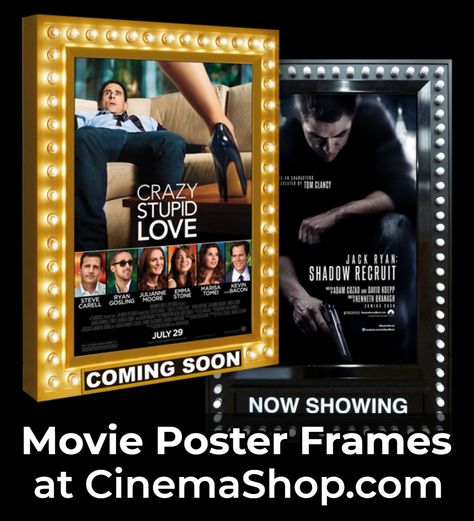 Classic retro movie poster frames with backlighting and chaser lights just like the movie theaters use! Styles with and without dater panels and chaser lighting with several finishes to choose from. Visit CinemaShop.com for details and to order. #movietheaterposterframes Movie Poster Marquee, Movie Poster Display, Marquee Theater, Famous Movie Posters, Good Phone Backgrounds, Movie Marquee, Movie Theater Rooms, Movie Poster Frames, Poster Frames