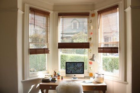 Desk in front of Bay Window: Bays Windows Desks, Homes Offices ... How To Decorate A Bay Window, Bay Window Bedroom Ideas, Decorate Bay Window, Bay Window Office, Decorating A Bay Window, Bay Window Desk, Small Bay Window, Bay Window Decorating Ideas, Window Decorating Ideas