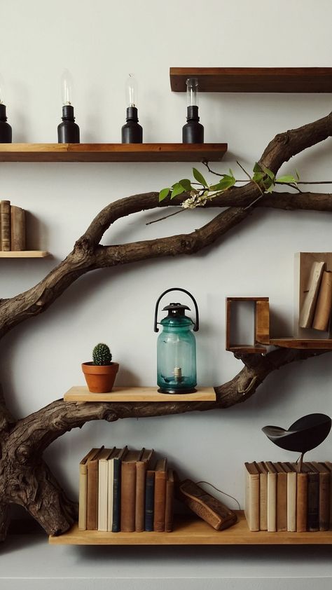 Transform your space with unique tree branch shelves In our latest blog post discover how DIY enthusiasts are incorporating these stunning natural elements into various rooms including bedrooms and grunge-inspired corners Our step-by-step tutorials guide you in creating beautiful floating plant wall shelves using sturdy brackets for support Learn how to style your tree branch shelf for maximum impact whether youre showcasing your favorite plants or decorative items Elevate yo High Shelf Living Room, Indoor Tree Branch Decor, Plant Wall Shelf Ideas Living Room, Floating Shelves Bedroom Ideas, Plant Wall Shelf Ideas, Plant Wall Shelves, Unique Shelving Ideas, Tree Branch Shelf, Branch Shelves