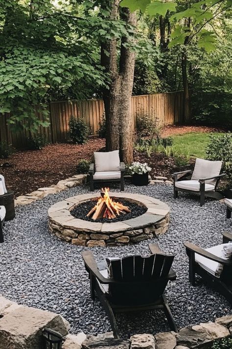 Build a DIY fire pit for your backyard to create a cozy gathering spot for relaxing evenings outdoors. #DIYFirePit #BackyardProjects Rock Garden Fire Pit Area, Things To Do With Bricks, Outdoor Firepits Diy Seating, Fire Pit Sitting Area Ideas Diy, Outdoor Fire Pit Area Ideas, In Ground Fire Pit With Seating, Diy Fire Pit Ideas Backyard, Outdoor Firepits Diy, Fire Pit Ideas Backyard Landscapes