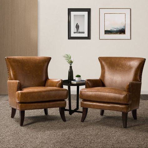 Anatole Traditional Wingback Upholstered Armchair with Nailhead Trim Set of 2 by HULALA HOME - On Sale - Bed Bath & Beyond - 34844167 Wooden Leg Sofa, Wingback Accent Chair, Brown Leather Chairs, Leather Wingback, Accent Chair Set, Wingback Armchair, Leather Accent Chair, Upholstered Armchair, Sofa Home