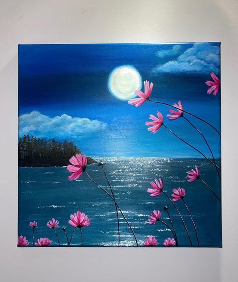 Moonlight Ocean Acrylic Painting, spring pink flowers, medium gloss coated, canvas art, original art Nature Painting Easy Simple, Summer Paintings Easy, Spring Art Painting, Ocean Painting Acrylic, Pink Art Painting, Canvas Painting Nature, Ocean Acrylic Painting, Moonlight Ocean, Acrylic Painting Pink