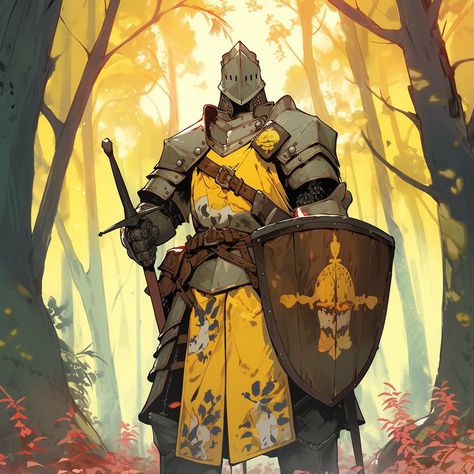 Yellow Knight Fantasy Art, Yellow Knight, Likeable Characters, Dnd Things, Medieval Warfare, Knight Tattoo, Awesome Artwork, Knight Art, Knight Armor