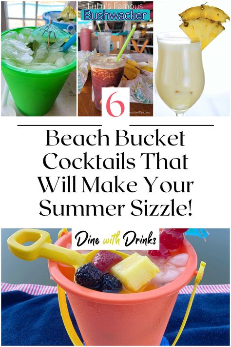 Collage of 4 beach bucket cocktails. Beach Drinks Alcohol, Bucket Cocktails, Fun Summer Drinks Alcohol, Summer Beach Drinks, Beach Day Food, Pool Party Drinks, Beach Snacks, Pool Drinks, Fun Summer Drinks