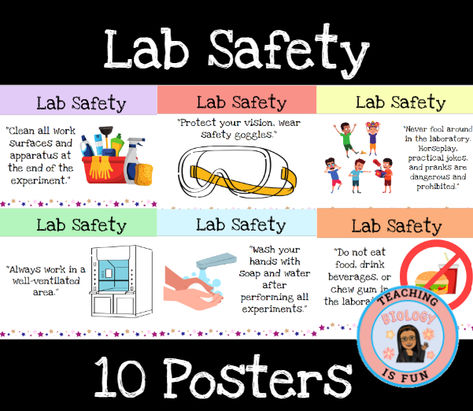 With vibrant illustrations and bold messaging, our posters leave no room for ambiguity when it comes to laboratory safety. From proper equipment usage to chemical handling procedures, each poster serves as a visual reminder of the importance of adhering to safety protocols at all times. Science Lab Safety Rules, Lab Safety Poster, Biology Activities, Posters Science, Science Lab Safety, Lab Safety Rules, Biology Activity, Board Classroom, Bulletin Boards Classroom Decor