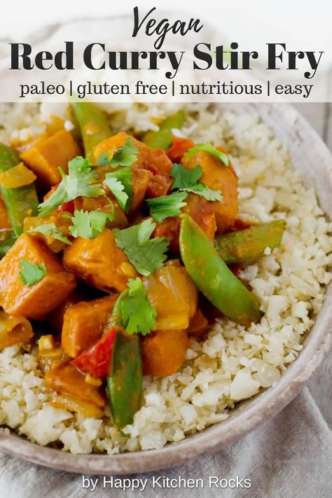 Easy and wholesome Vegetarian Red Curry Stir Fry Recipe makes for a nutritious weeknight dinner ready in just 30 minutes! It’s also vegan, gluten free and paleo, not to mention flavorful and easy to make! #vegan #glutenfree #paleo #healthy #delicious | happykitchen.rocks Red Curry Stir Fry, Vegetarian Red Curry, Curry Stir Fry, Red Curry Tofu, Pb Recipes, Tofu Stir Fry, Stir Fry Recipe, Low Carb Vegan, Happy Kitchen