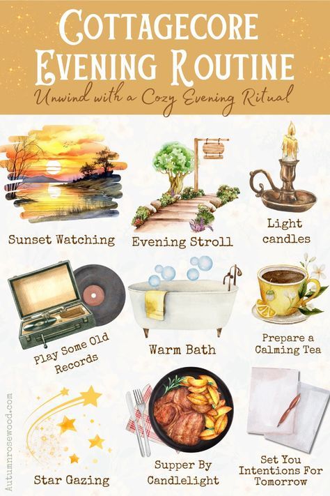 Slow Living Autumn, Cozy Evening Routine, How To Live Cottagecore, How To Live A Cottagecore Lifestyle, Cottagecore Routine, Sunset Ritual, Cottagecore Things To Do, Cottagecore Hobbies, Cottagecore Night