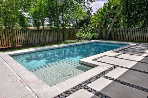 Brushed Concrete Pool Deck, Pool Deck Ideas Inground, Brushed Concrete, Pool Decking Concrete, Cement Pools, Concrete Pool Deck, Contemporary Pool, Mexican Beach Pebbles, Pool Paving