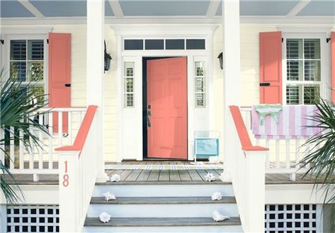 Coral Front Doors, Cottage Exterior Colors, Front Door Paint Colors, Color Combinations Paint, Door Colors, Door Paint Colors, Lemon Chiffon, Primary Bathroom, Cottage Exterior