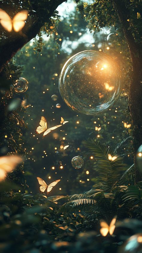 A mystical forest filled with floating glass orbs and luminescent plants, where golden butterflies dance in the twilight under a sky of swirling galaxies. Enchanted Forest With Butterflies, Butterfly In The Forest, Dark Magical Forest Aesthetic, Magical Butterflies, Magic Butterflies, Glowing Plants, Mafia Aesthetics, Meditation Painting, Glowing Butterfly