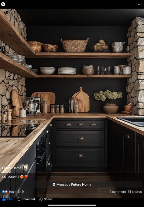 Black Coffee Nook, Light Moody Kitchen, Dark Earthy Home, Moody Small Kitchen, Dark Kitchen Walls, Dark Kitchen Aesthetic, Dark Modern Kitchen, Modern Spanish Decor, Small Open Concept