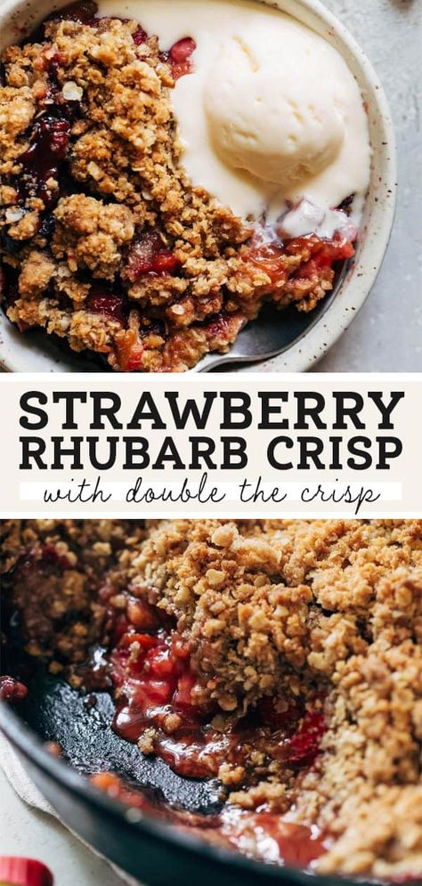 Strawberry rhubarb crisp is the perfect summer dessert! With rhubarb growing like crazy, put it to good use with this sweet and tart crisp with extra crumble topping. It's so easy to make but tastes SO GOOD! Top it with ice cream for some extra sweetness. #rhubarb #strawberries #strawberryrhubarbcrisp #crisp #butternutbakery | butternutbakeryblog.com Rubarb Crisp, Strawberry Rhubarb Crisp Recipe, Healthy Rhubarb Recipes, Rhubarb Crisp Recipe, Rhubarb Recipes Crisp, Oat Crumble Topping, Strawberry Crisp, Strawberry Rhubarb Crisp, Rhubarb Desserts