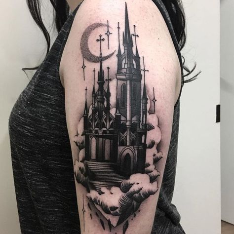 Dark and atmospheric haunted castle by Lauren Melina, an artist working at Adorned Empire in Fremantle, Western Australia. Gothic Castle Tattoo, Disney Castle Tattoo, Church Tattoo, Witchy Tattoos, Feminine Skull Tattoos, Hyrule Castle, Castle Tattoo, Medieval Tattoo, Goth Tattoo