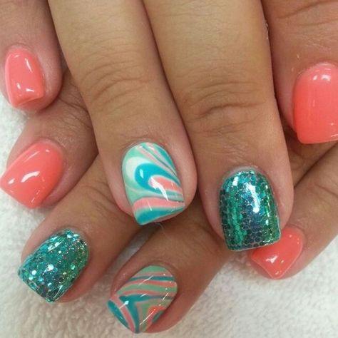 Unghie Nail Art, Turquoise Nails, Coral Nails, Fingernail Designs, Cute Spring Nails, Cute Summer Nails, Shellac Nails, Nails Summer, Inspirational Design