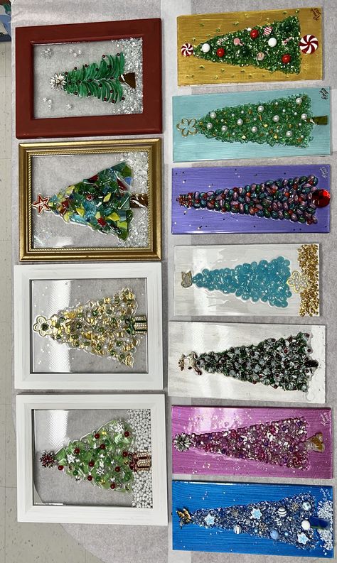 Crushed Glass Christmas Tree, Crushed Glass Christmas Tree Diy, Christmas Crushed Glass Art, Jeweled Christmas Trees Framed, Fused Glass Christmas Trees Sea, Glass Crafts Diy, Christmas Flower Decorations, Broken Glass Crafts, Candy Land Christmas Decorations Outdoor