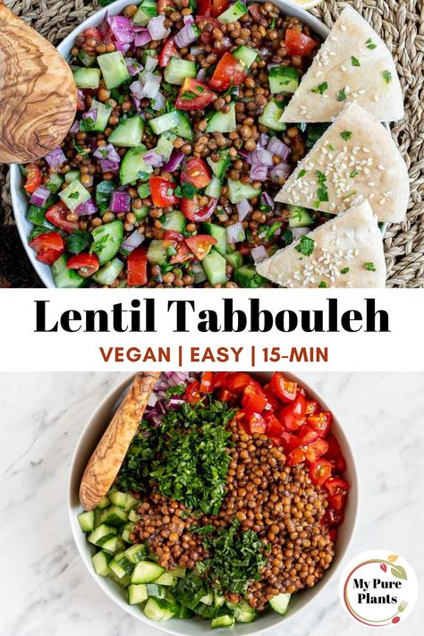 Lentil Tabbouleh, Tabbouleh Salad Recipe, Easiest Meals, Pickled Turnips, Tabbouleh Recipe, Canned Lentils, Vegan Feta Cheese, Tabbouleh Salad, Party Snack