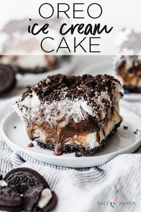 This Oreo Ice Cream Cake has 5 delicious layers! Oreo crust, cookies and cream ice cream, hot fudge, whipped topping, and crushed Oreos! It's the perfect summer treat! Oreo Ice Cream Cake, Homemade Ice Cream Cake, Ice Cream Sandwich Cake, Ice Cream Cake Recipe, Oreo Ice Cream, Cookie Dough Ice Cream, Oreo Dessert, Ice Cream Cookies, Oreo Cake